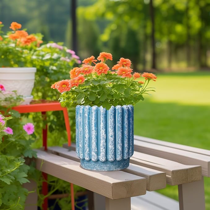 Ceramicfor Ceramic Planter - 7.6 Inch Ceramic Plant Pots with Drainage Hole, Decorative Flower Pots for Indoor Outdoor, Fluted Round Planter, Room Home Decor, Plant Lover Gifts for Women, Blue