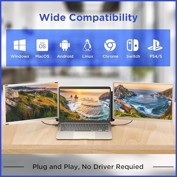 Maxfree S6 Laptop Screen Extender, 15.6'' 1080P Monitor Extender, 11 Display Modes, Plug & Play, Detachable Screen Triple Monitor for Laptop 13"-17.3", Compatible with Mac/Windows/Android/Switch