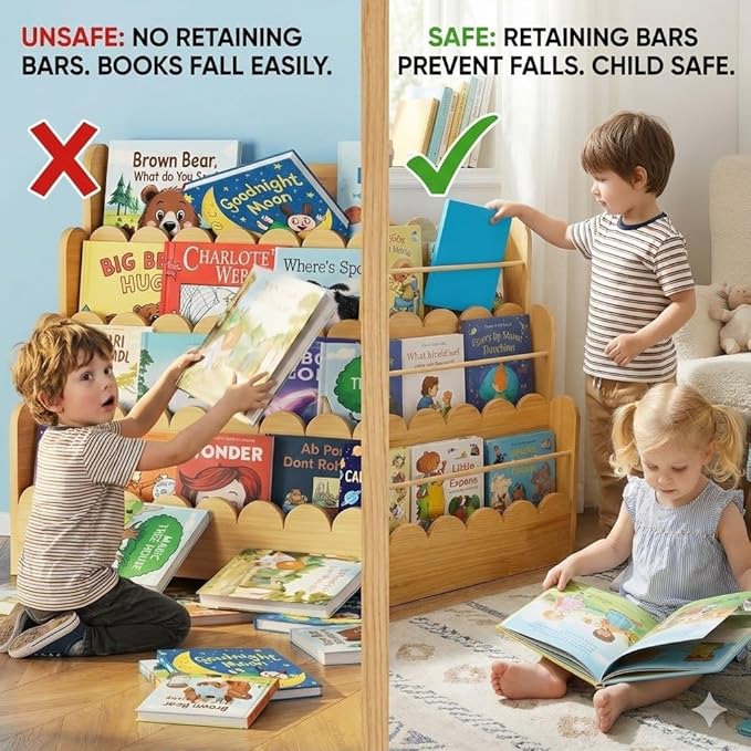 Scalloped Design | 3-Tier Montessori Solid Wood Kids Bookcase | 29.6" Wide Toddler Storage Shelf | Easy Access Floor Display Furniture for Playroom/Nursery