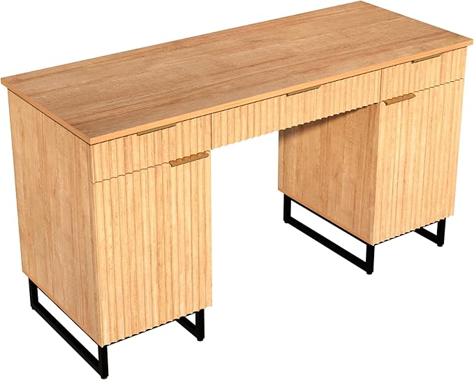 55" Fluted Executive Desk with File Drawer,Wooden Computer Desk with Storage,Light Wood Modern Office Desk for Work and Studying,Natural Oak (1, Natural Oak)
