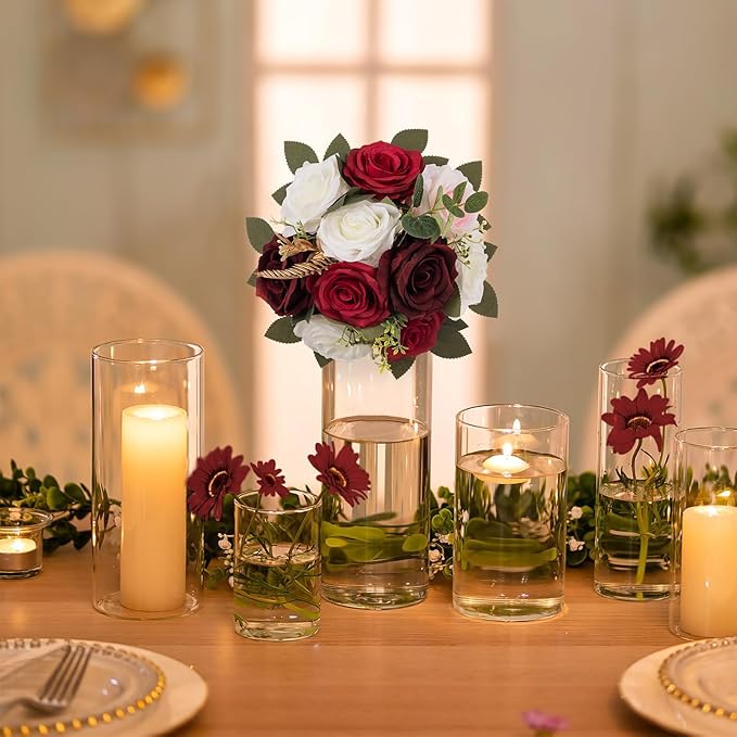 BLOSMON Artificial Flowers Ball Wedding Centerpieces 2 Pcs Burgundy Rose Artificial Flower Center Pieces Decoration for Table Silk Kissing Ball Faux Floral Bouquet Arrangements Home Party DIY Decor