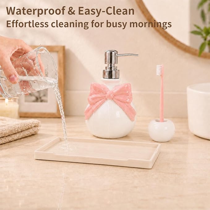 Pink Bathroom Accessories Ceramic Pink Bow Bathroom Set for Bathroom Vanity - Includes Tray, Soap Pump, Toothbrush Holder
