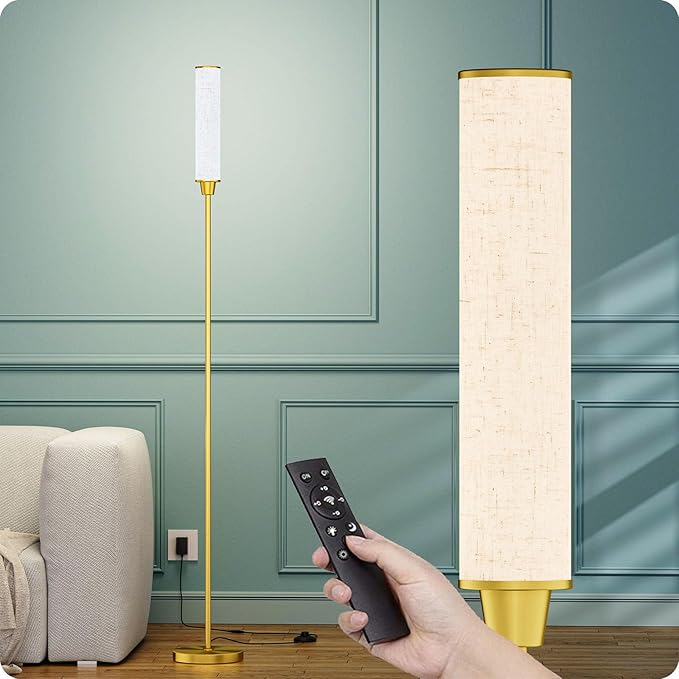 Nukanu Floor Lamp with Remote Control,Floor Lamps for Living Room/Bedroom/Office, Stepless Adjustable 3000K-6000K Colors and 10-100% Brightness,Standing Light with Foot Switch (brassgold+Beige Linen)