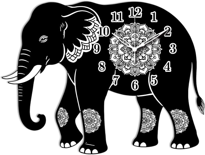 Elephant Wall Clock Irregular Shape Decorative Wall Clock Mandala Pattern Non-Ticking Clock for Home Office Decoration, 16.14×12.12 inch