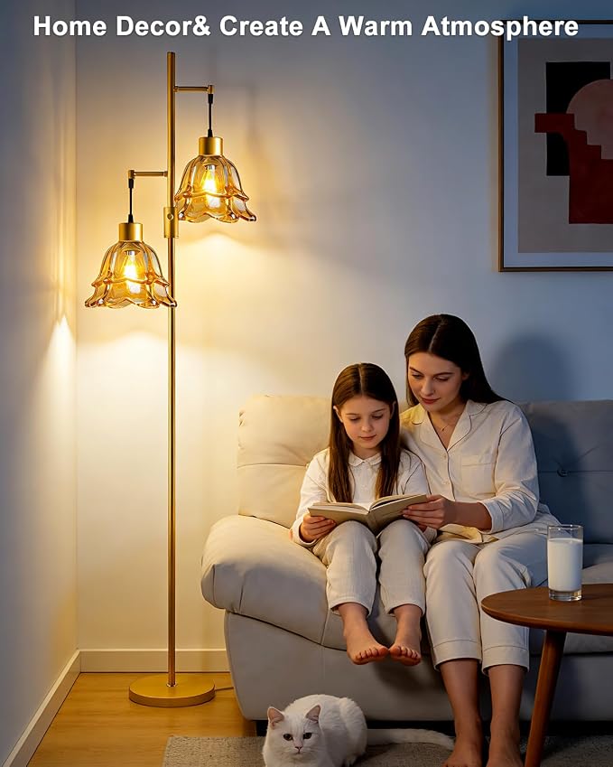 Lightdot 65IN Gold Flower Floor Lamp for Living Room, 2-Light Dimmable with Amber Glass Lampshade, 3000K Warm White Modern Standing Tall Lamp with 5Lbs Heavy Base for Bedroom Sofa Beside Corner Decor