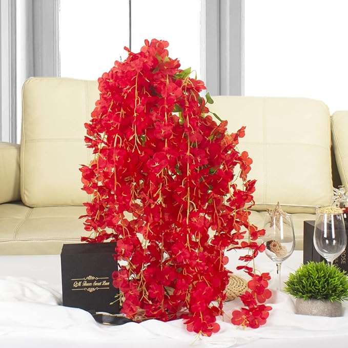 12 Pack Artificial Flowers Silk Wisteria Vine Ratta Hanging Flower (Red)