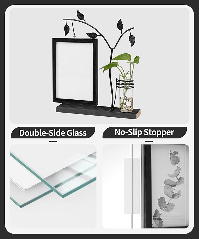 Afuly 5x7 Picture Frame Black Family Picture Frames with Metal Tree Stand Glass Vase Modern Desk Photo Frame for Double Sided Glass Display Wedding Birthday Gifts for Women Couple Mom