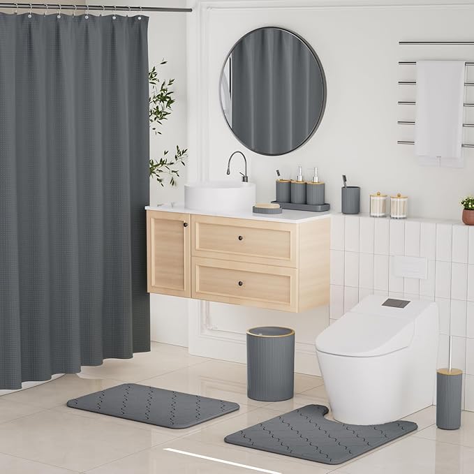 Gray Bathroom Accessories Set, 25 Pcs Bathroom Decor Set with Shower Curtain, Rugs, Trash Can, Soap Dispenser, Toothbrush Holder, Tumbler, Soap Dish, Storage Jars and Hooks for Guest Bath