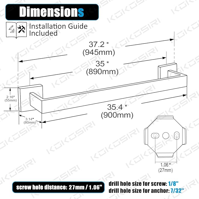 KOKOSIRI 36-Inch Single Towel Bar, Bathroom Kitchen Towel Holder, Wall Mounted SUS304 Stainless Steel Towel Rack, Matte Black, B4003BK-L36