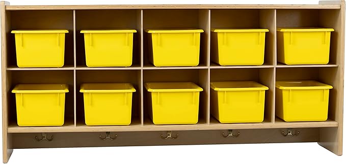 10 Section Storage Cabinet with Yellow Bins, 100% Birch Plywood Wall Mounted Storage Unit Preschool Cubbies for Classrooms and Toy Storage