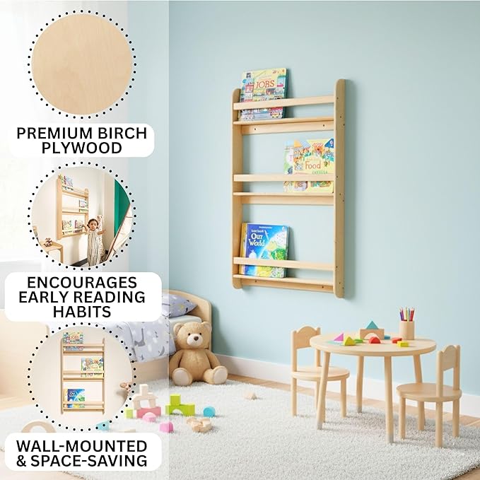 Montessori Wall-Mounted Bookshelf for Toddlers Toy Storage Shelf Organizer for Playroom and Classroom Floor Bookshelves for Kids Room (Natural, L, 3)