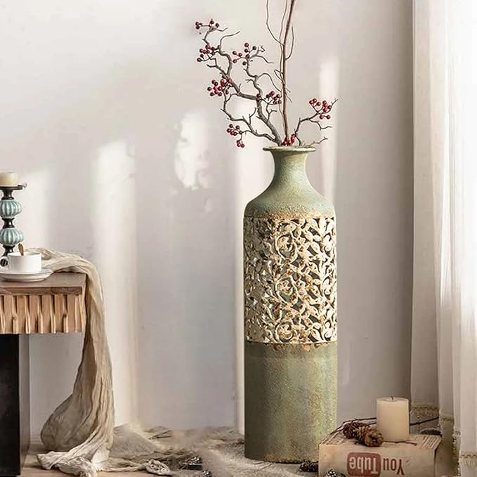 20.3″ Tall Metal Floor Vase – French Country Green & White Geometric Iron Cylinder Decorative Vase for Living Room • Entryway • Hallway (Rustic Romantic Accent & Dried/Faux Flowers)