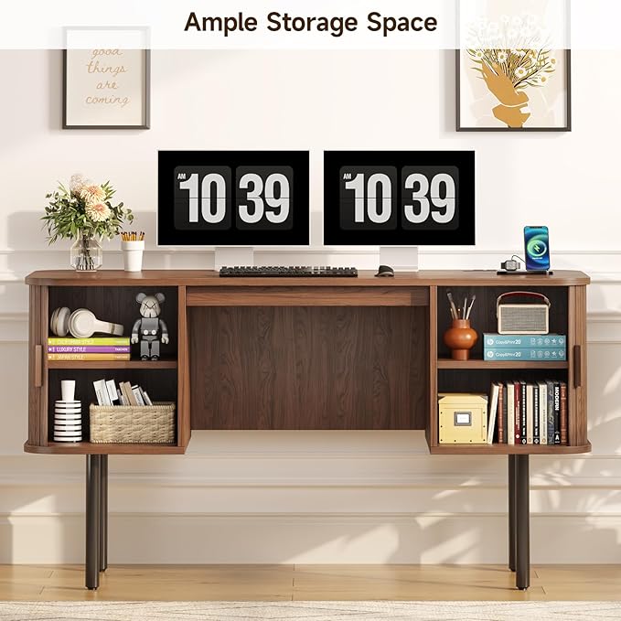 ONBRILL 55 Inch Fluted Computer Desk with Charging Station, Mid Century Executive Desk with 2 Storage Cabinets, Modern Home Office Large Desk with Metal Legs for Working, Studying, Writing, Walnut