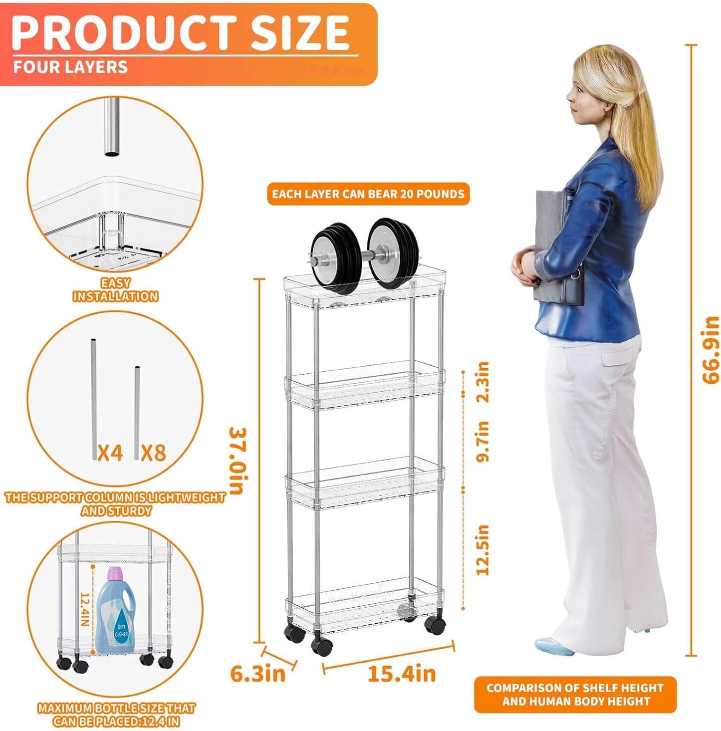Yieach Clear 4-Tier Slim Rolling Storage Cart - 6.3" Wide Thin Shelves for Small Spaces | Bathroom & Laundry Use