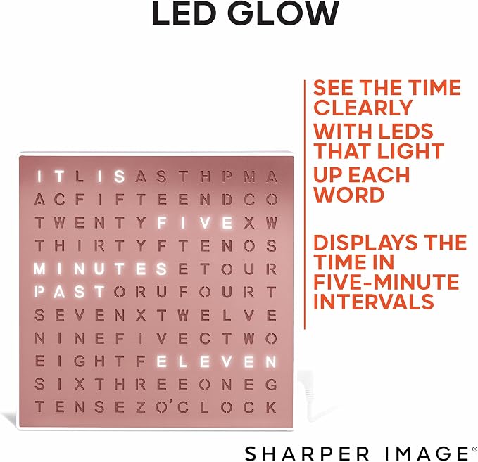 Sharper Image LED Word Digital Clock, 7.75", Rose Gold Finish, Light-Up Desk & Wall Clock, Modern Time Display, Shelf or Wall Decor for Home Office, Living Room, Kitchen & Bedroom, Housewarming Gift