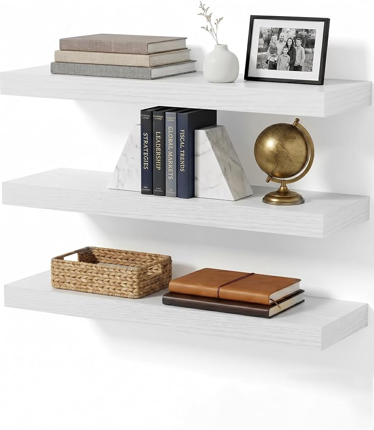Floating Shelves for Wall, Bathroom Shelves Over Toilet, Wall Shelves & Book Shelf for Room, Hanging Shelf, Modern Wooden Mounted Floating Shelves, 24x7x1.5 in (White, Set of 3)