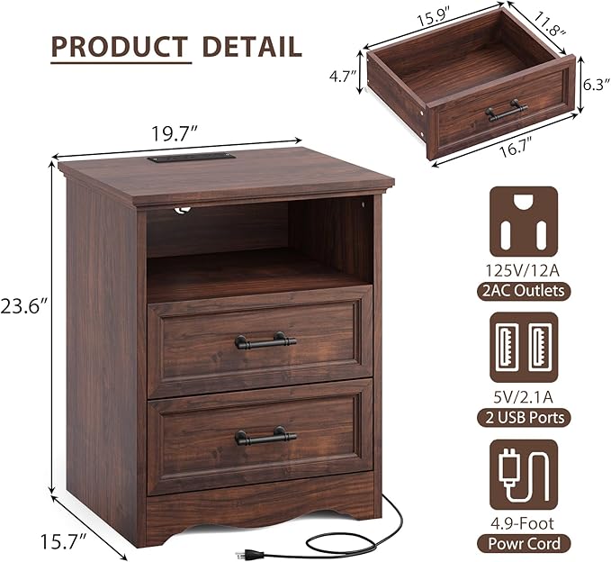 Walnut Nightstand with Charging Station, Farmhouse End Table with 2 Drawers Storage, Wooden Night Stand, Bedside Table with Open Shelf, Bedside Cabinet for Bedroom, Living Room