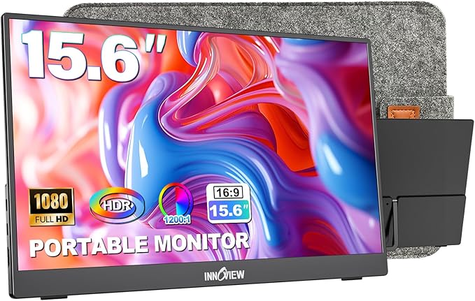 InnoView Portable Monitor 15.6" 1080P for Laptop with Protective Sleeve, Built-in 90° Adjustable Stand USB C HDMI Ultra-Slim Portable Laptop Monitor for MacBook Phone PS Xbox Switch