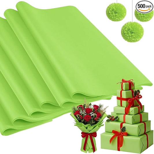 Qilery 500 Sheets Lime Green Tissue Paper Bulk 15 x 20 Inch Acid Free Christmas Wrapping Packing Gift Papers for Weddings Birthday Party Decoration, DIY Crafts, Flowers, Pom Poms, Festive Supplies