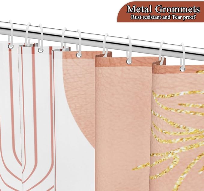 Mid Century Boho Shower Curtain, Abstract Modern Sun Minimalist Aesthetic Shower Curtain, Bohemian Geometric Arch Curve Leaves Neutral Art Fabric Bathroom Curtains Pink 72x78 inch