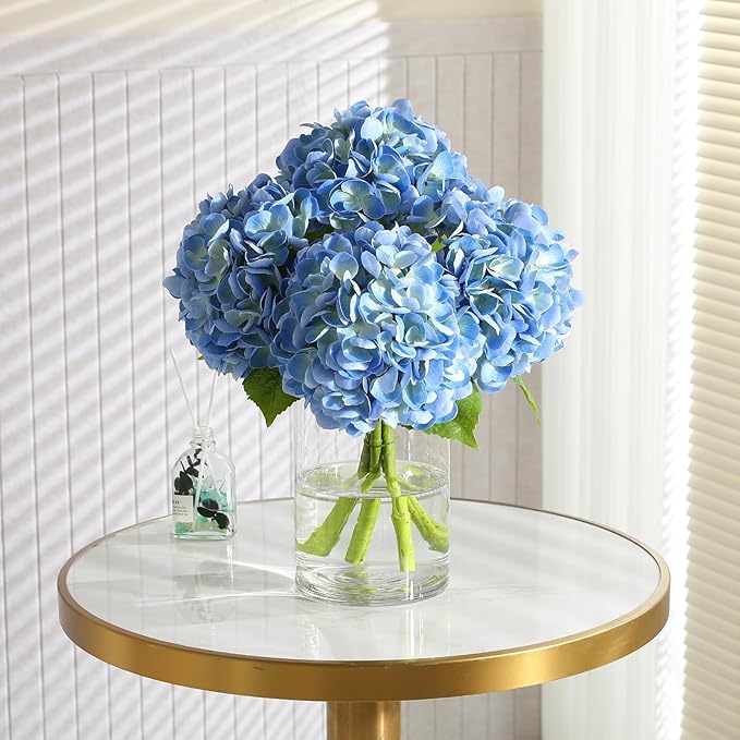 4Pcs Hydrangea Artificial Flowers, 22.44" Real Touch Latex Faux Hydrangea with Long Stems & Leaves for Home Office Decor or Wedding, Party, Centerpieces, Floral Arrangements (Blue)