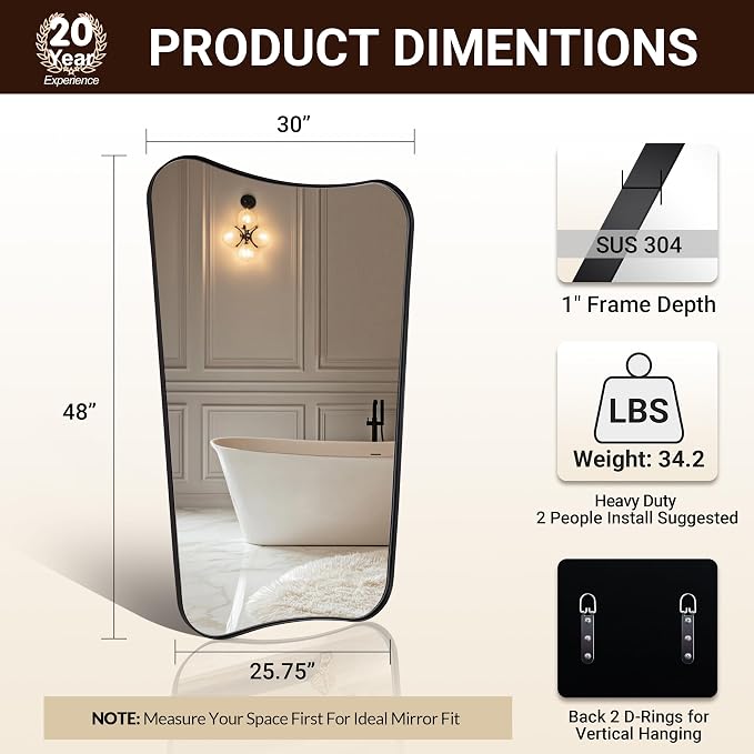 ANDY STAR 30x48 Inch Matte Black Mirror, Modern Bathroom Mirror in Premium Stainless Steel Thin Frame Deep 1", Large Decorative Mirror for Wall (Hangs Vertically Only)