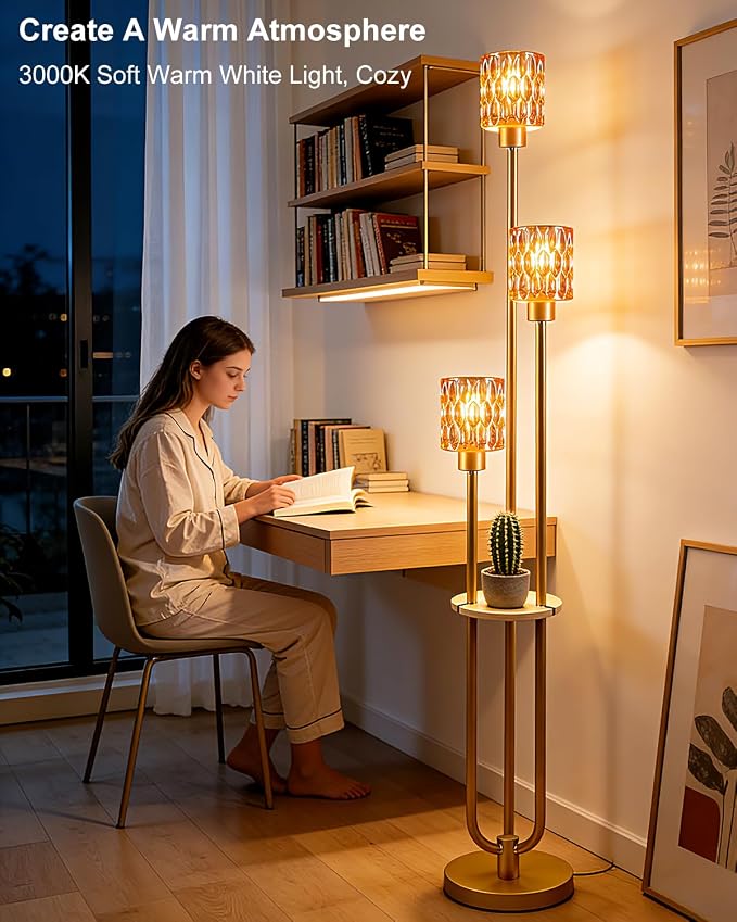 Lightdot 3-Lights Glass Floor Lamp for Living Room Modern Gold Floor Lamp with Amber Glass Shade for Wedding/Party Farmhouse Tall Standing Lamp with 5Lb Heavy Base for Bedroom/Sofa Beside/Corner Decor