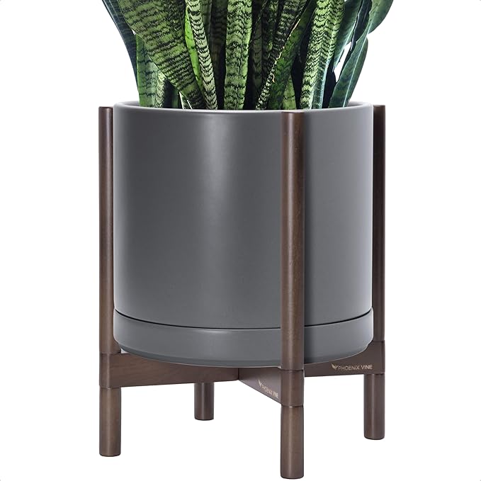 D'vine Dev Ceramic Planter with Walnut Color Stand - 14 Inch Modern Round Flower Pot with Wood Planter Holder, Grey, 55-B-T-3