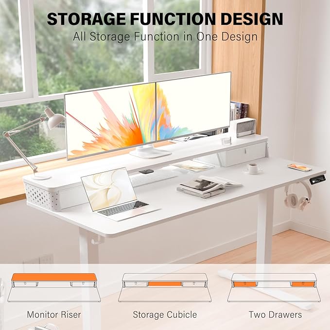 Electric Standing Desk with 2 Drawers 48''x 24'' Adjustable Height Sit to Stand Up Desk with Storage Shelf, C-Clamp Mount Compatible White Home Office Desks Computer Gaming Table Ergonomic Workstation