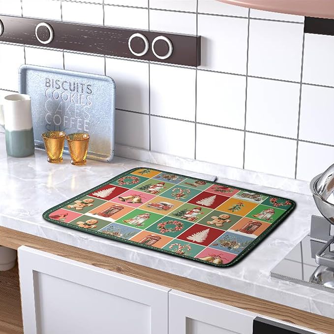 Christmas Dish Drying Mats for Kitchen Counter Cute Xmas Holiday Dish Drainer Pad Microfiber Absorbent Winter Dish Draining Mat Washable Dish Drainer Rack Mat Extra Large 18x24 Inch