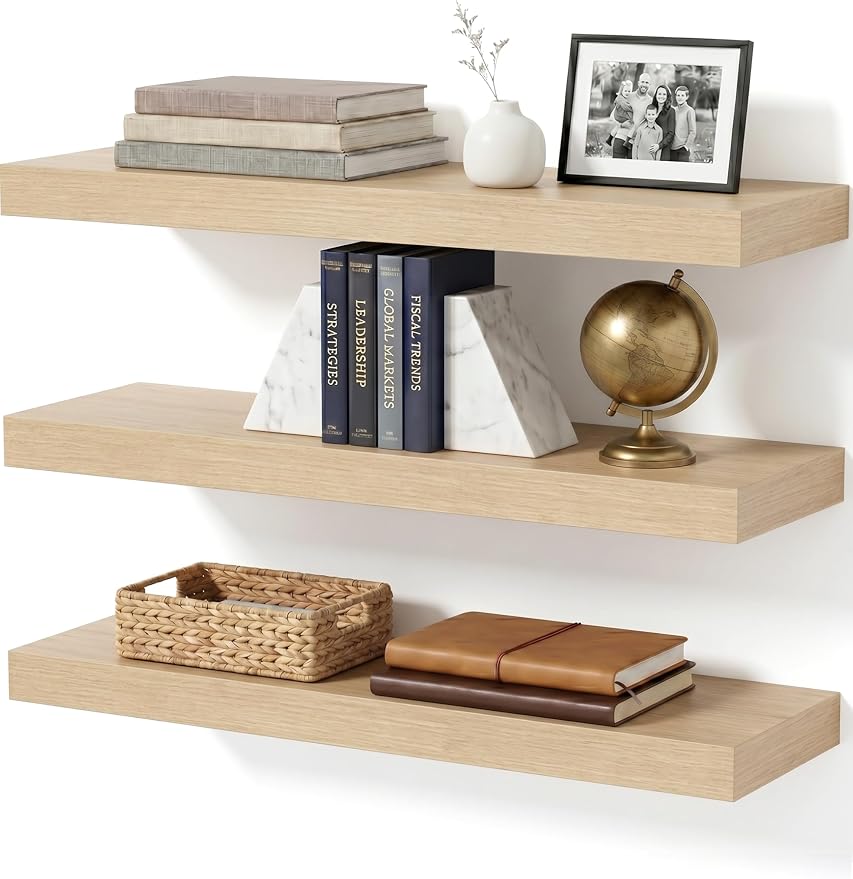 Floating Shelves for Wall, Bathroom Shelves Over Toilet, Wall Shelves & Book Shelf for Room, Hanging Shelf, Modern Wooden Mounted Floating Shelves, 24x7x1.5 in (Oak, Set of 3)