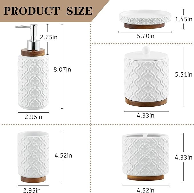RQYIXI Elegant 5 PCS Ceramic&Wood Bathroom Accessories Set:Soap Dispenser,Toothbrush Holder,Tumbler,Soap Dish,Cotton Swab Jar,Easy to Clean,Quatrefoil Pattern,White-Affordable Home Luxury