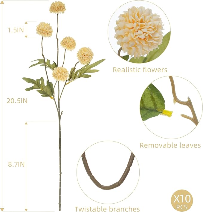 Fake Flowers 20.5In Artificial Chrysanthemum Faux Mums Faux Flowers for Vase Fall Long Stems Flower Silk Flower for Indoor Home Decoration Kitchen Office Wedding Decor 10PCS,Orange（No Vase）