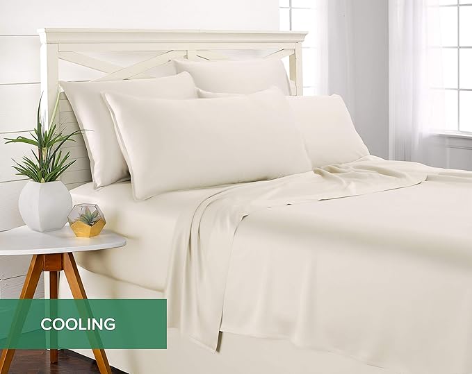 Pure Bamboo Split King Sheets, Genuine 100% Organic Viscose Derived from Bamboo Bed Sheet Set, Soft & Cooling, Double Stitching, 2 Fitted Sheets (Split King, Ivory)