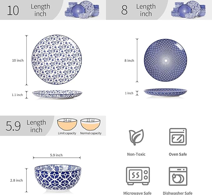 Selamica Ceramic Plates and Bowls Sets,24 Pieces Dinnerware Sets for 8,Scratch Resistant Dish Set for family gathering,Dishwasher & Microwave Safe, Vintage Blue