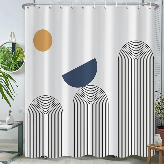Boho Shower Curtain Mid Century Modern Shower Curtains For Bathroom Black and White Striped Minimalist Abstract Geometric Bohemian Shower Curtain Set Waterproof Fabric Bathroom Curtain 72x72 Inches