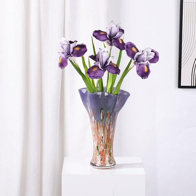 9.0" H Red Glass Vases for Flowers, Hand Blow Glass Vase Red Home Decor, Wide Mouth Blue Flower Vase Centerpieces, for Bookshelf,Dinner Table,Indoor Office Desktop,Meeting Room,Bathroom,Countertop