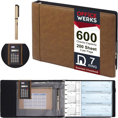 Office Werks Executive Check Binder - 7 Ring Zippered Portfolio with Calculator & Pen, Brown | Holds 200 Sheets