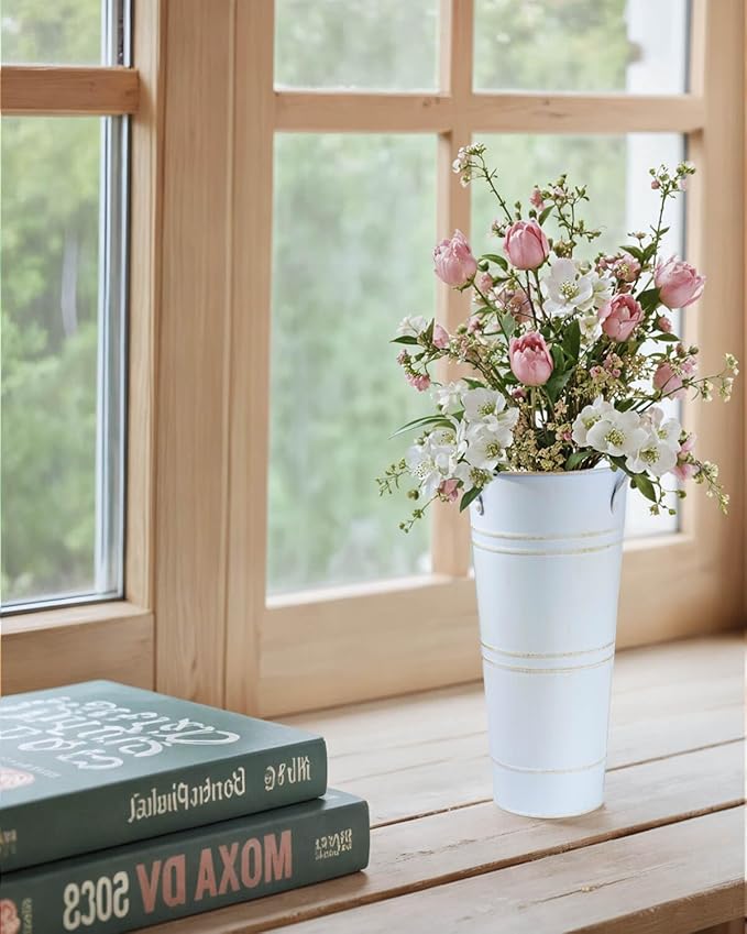 9 Inch Galvanized Metal Vases for Flowers - 2 Pcs Farmhouse Decorative Tall Flower Bucket with Handles, Rustic French Tin Planter Buckets for Wedding Decor (Vintage White)