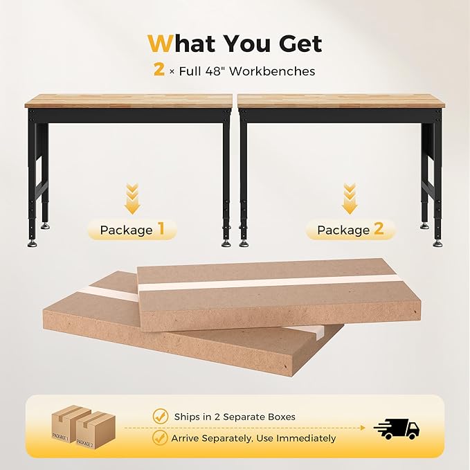 96" Adjustable Heavy Duty Workbench, 2000 LBS Load Capacity Rubber Wood Work Table with Pegboard, Power Outlets, Work Bench for Garage, Workshop, Office, Home, Commercial, Ships in 2 Boxes