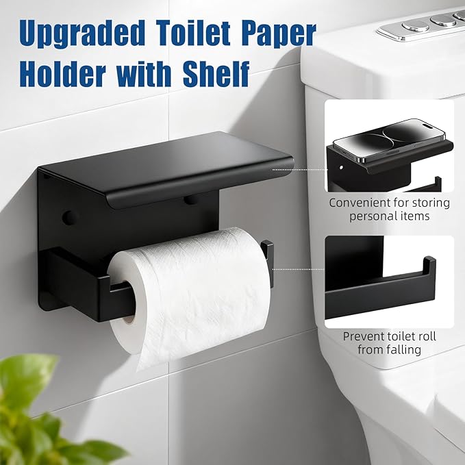 Matte Black Bathroom Hardware Accessories Set, Stainless Steel Towel Racks for Bathroom, 16 Inch Towel Bar, Towel Holders, Updated Toilet Paper Holder with Shelf Wall Mounted(10-Pieces)