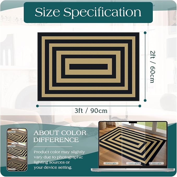 Front Door Mat Outside Entrance - 2x3 Modern Non-Slip Washable Doormat Indoor Outdoor Entrance Black Tan Geometric Bordered Rug Small Throw Rugs for Entryway Bedroom Kitchen Front Porch Decor
