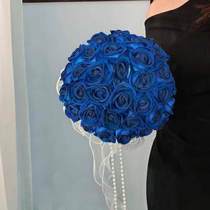 FagusHome 30 Pcs Silk Rose Artificial Flowers Roses Bulk Bouquet Fake Flowers Rose Heads with Stems for Home Wedding Decor (Dark Blue)