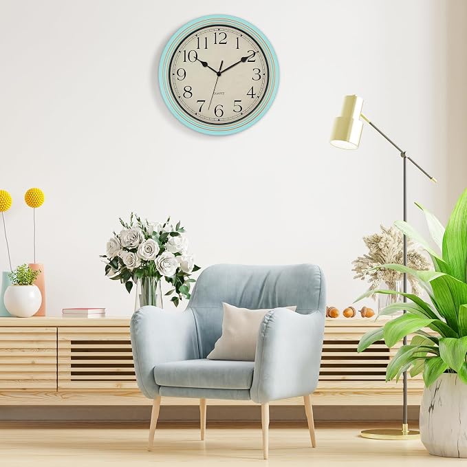 Foxtop 14 Inch Wall Clock Battery Operated Silent Non-Ticking Round Classic Vintage Retro Wall Clock Decorative for Living Room Kitchen Home Office (Light Turquoise)