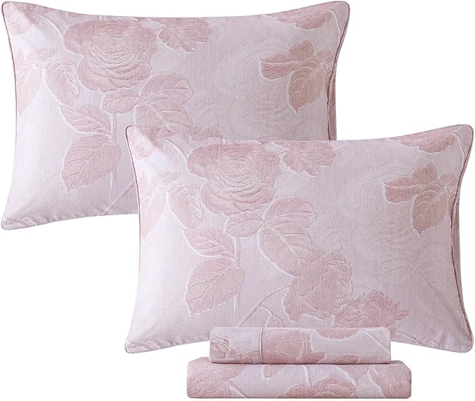 FADFAY Pink Vintage Floral Queen Size Sheets Set 100% Brushed Cotton Shabby Rose Flower Pattern Bedding Set Deep Pocket Sheets with 2 Pillowcases Luxury Breathable Soft 4pcs, Queen Size