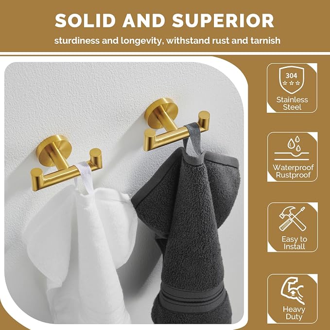 Angle Simple Towel Double Hook Brushed Dark Gold 2 PCS, SUS304 Stainless Steel Bathroom Hand Towel Holder, Double Robe Hook, Wall Mount