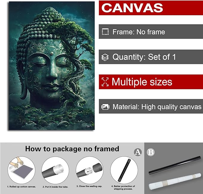 Buddha statue wall art canvas wall decor aesthetic picture mystical nature art for tranquil home and spiritual space 20x30in Frameless