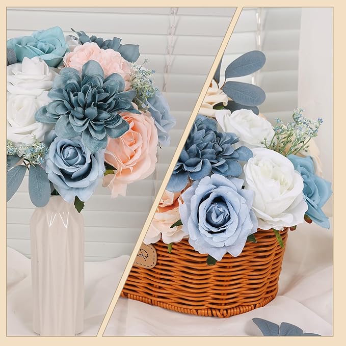Artificial Flowers Combo Box Blue Fake Flower Bouquet Set for Wedding Centerpieces Arrangements Bridal Shower Birthday Party DIY Decorations