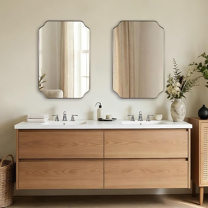 ANDY STAR 20x30 Inch Brushed Nickel Mirror, Silver Bathroom Mirror, Modern Rounded Notched Corner Mirror in Rustproof Stainless Steel Thin Frame, Compact Size Ideal for Small Bathroom Remodel