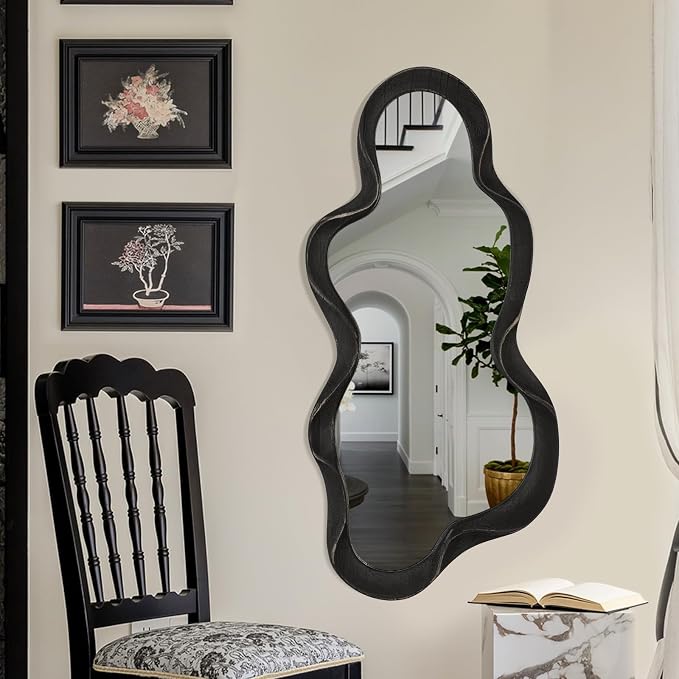 Irregular Wooden Framed Wall Mirror Modern Asymmetrical Hanging Mirror Artistic Cloud Shape Wall Decor Bathroom Vanity Bedroom Living Room Entryway Hallway Large